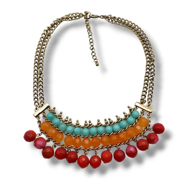 Gold Tone Double Strand Chunky Bib Necklace Colorful Acrylic Beads Boho - Picture 2 of 7